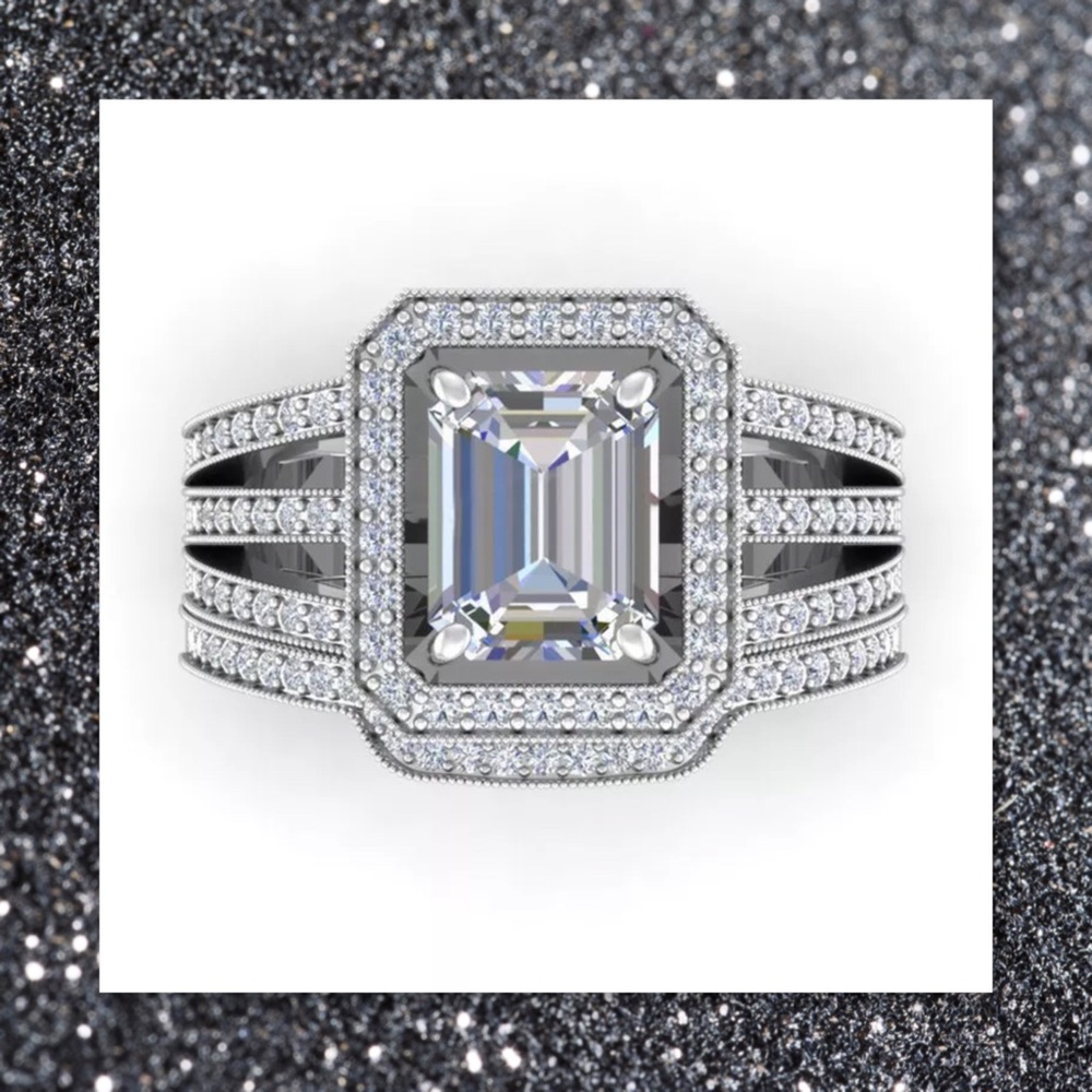 JUST IN🆕 2pc Emerald Cut 925 Silver Ring Set